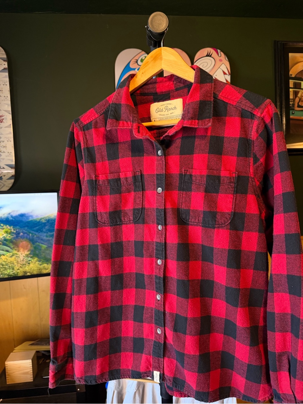Buffalo Plaid Red & Black Flannel Casual Button Up Shirt- Old Ranch LARGE